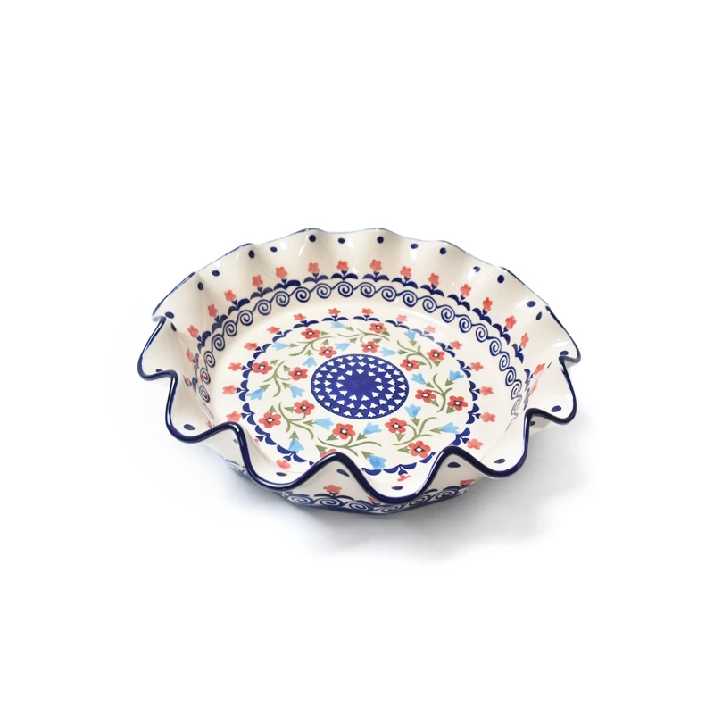 Custom Hand-painted wavy pie pan with floral patterns-5